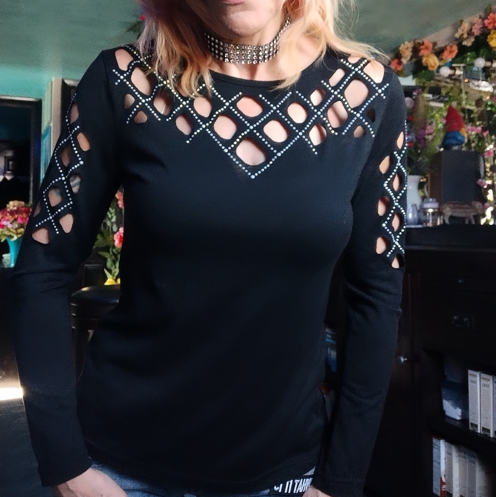 Black Long Sleeve Top with Rhinestone Accents And Cut-outs